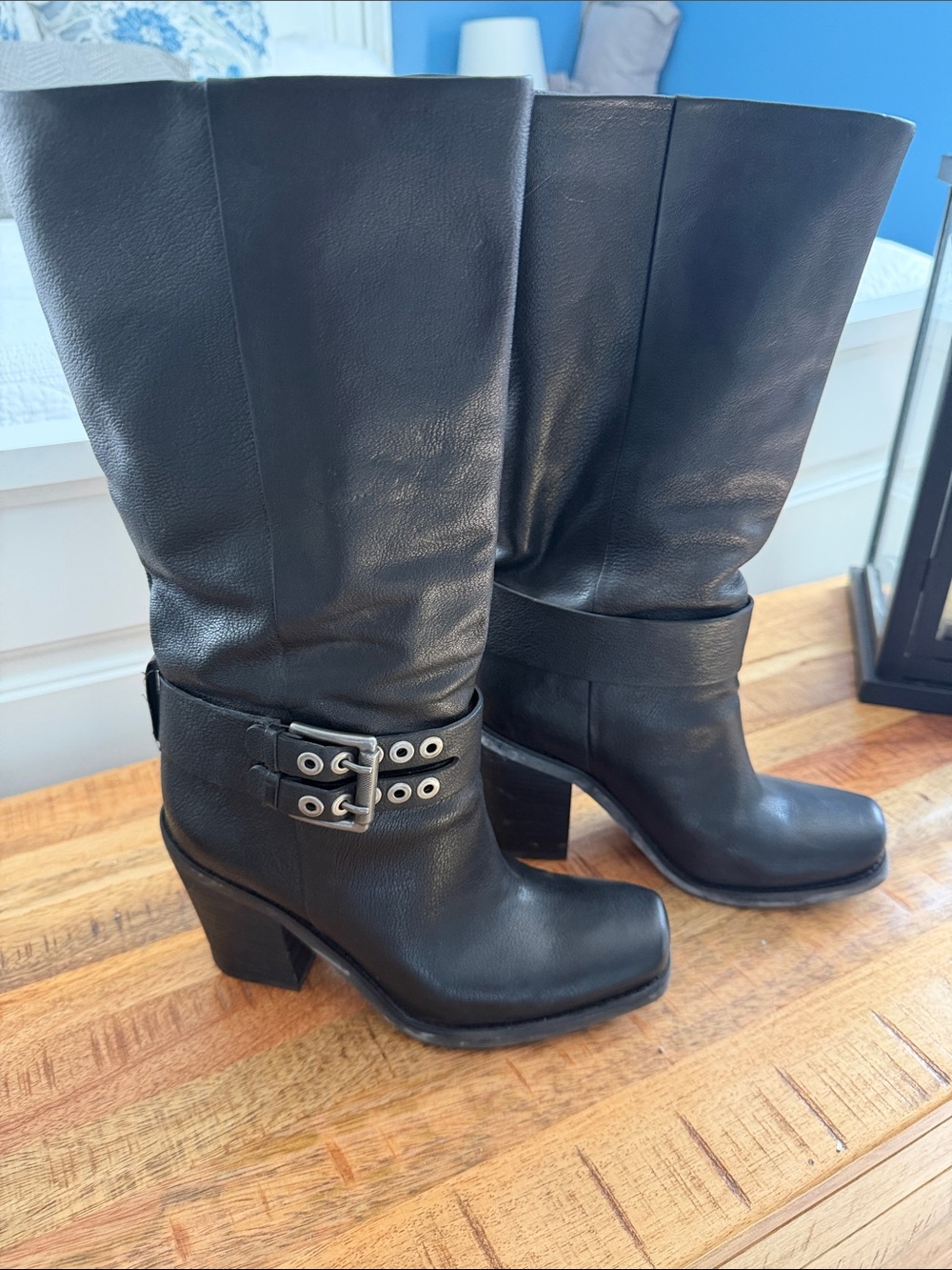 Nine West Black Leather Mid-Calf Buckle Heel Boots
